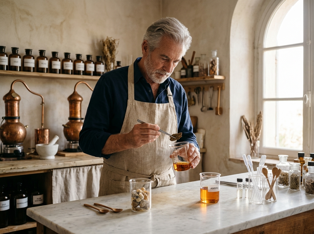 Artisan perfumer crafting floral extracts