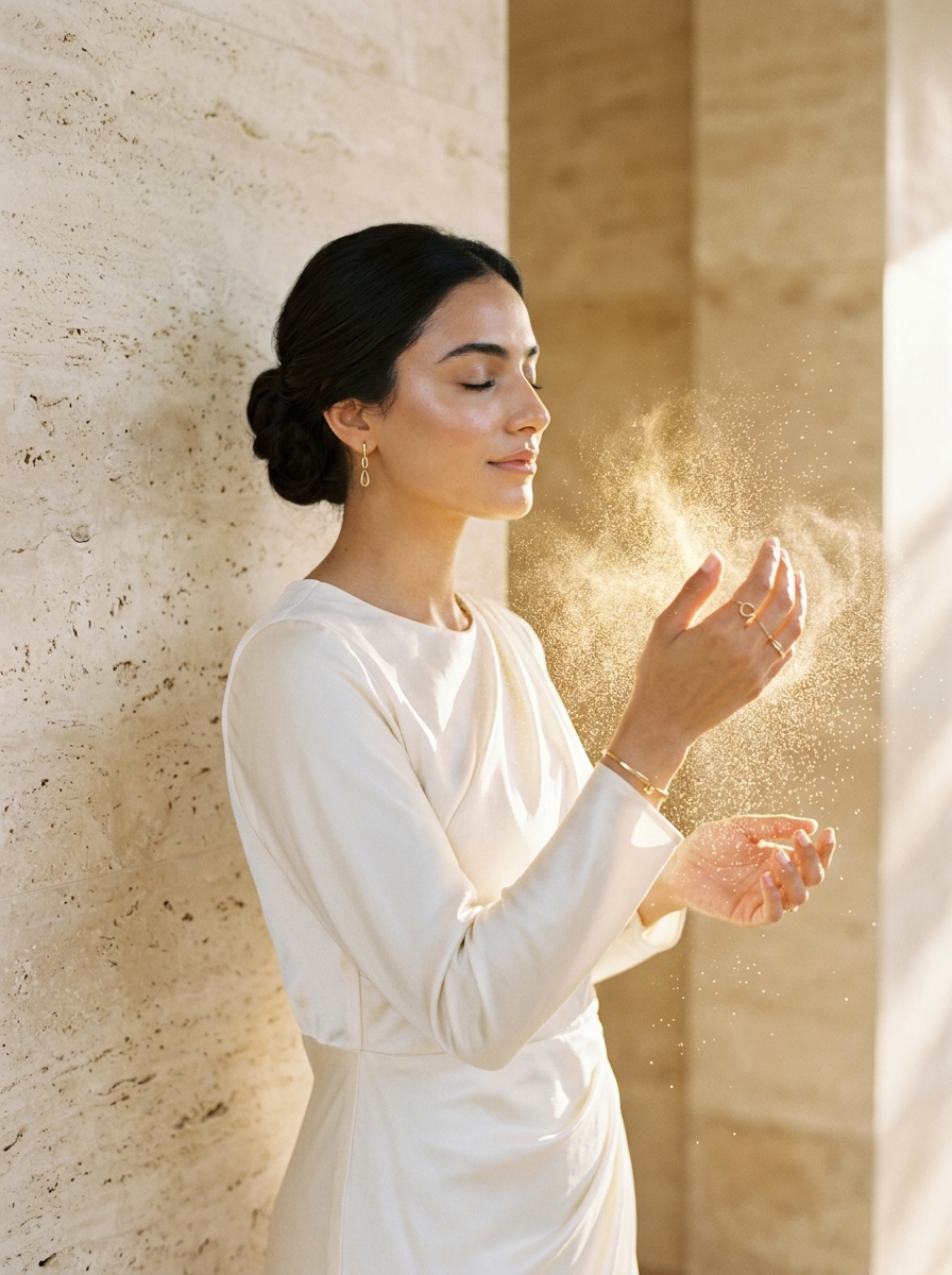 Model surrounded by aromatic golden mist