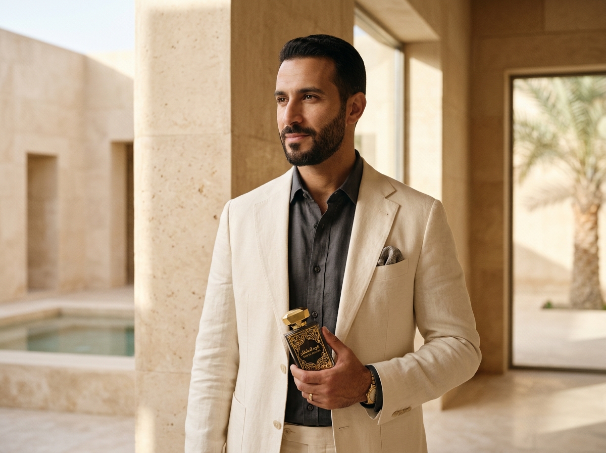 Model holding smoky fragrance bottle